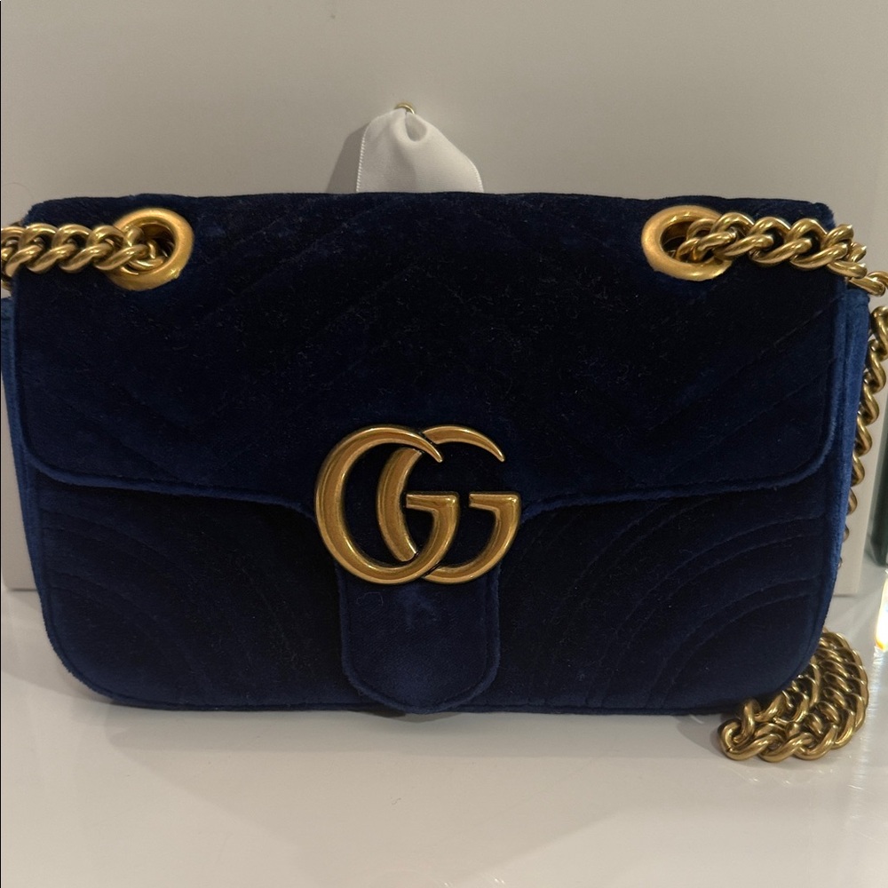 Gucci Blue Velvet Crossbody Bag with Gold Chain